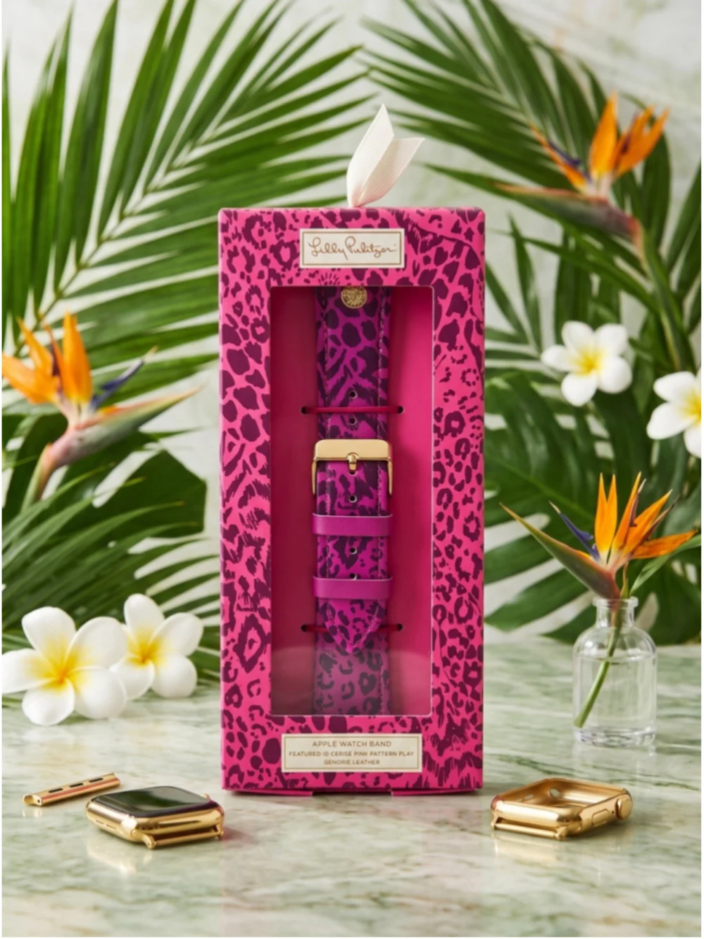 Lilly Pulitzer Apple Leather Watch Band Featured In Cerise Pink Pattern Play